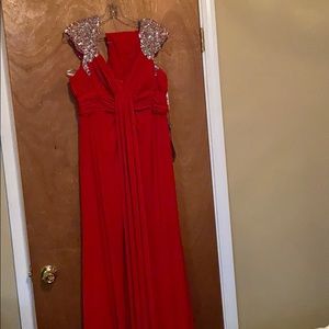 Formal red maxi dress with scarf